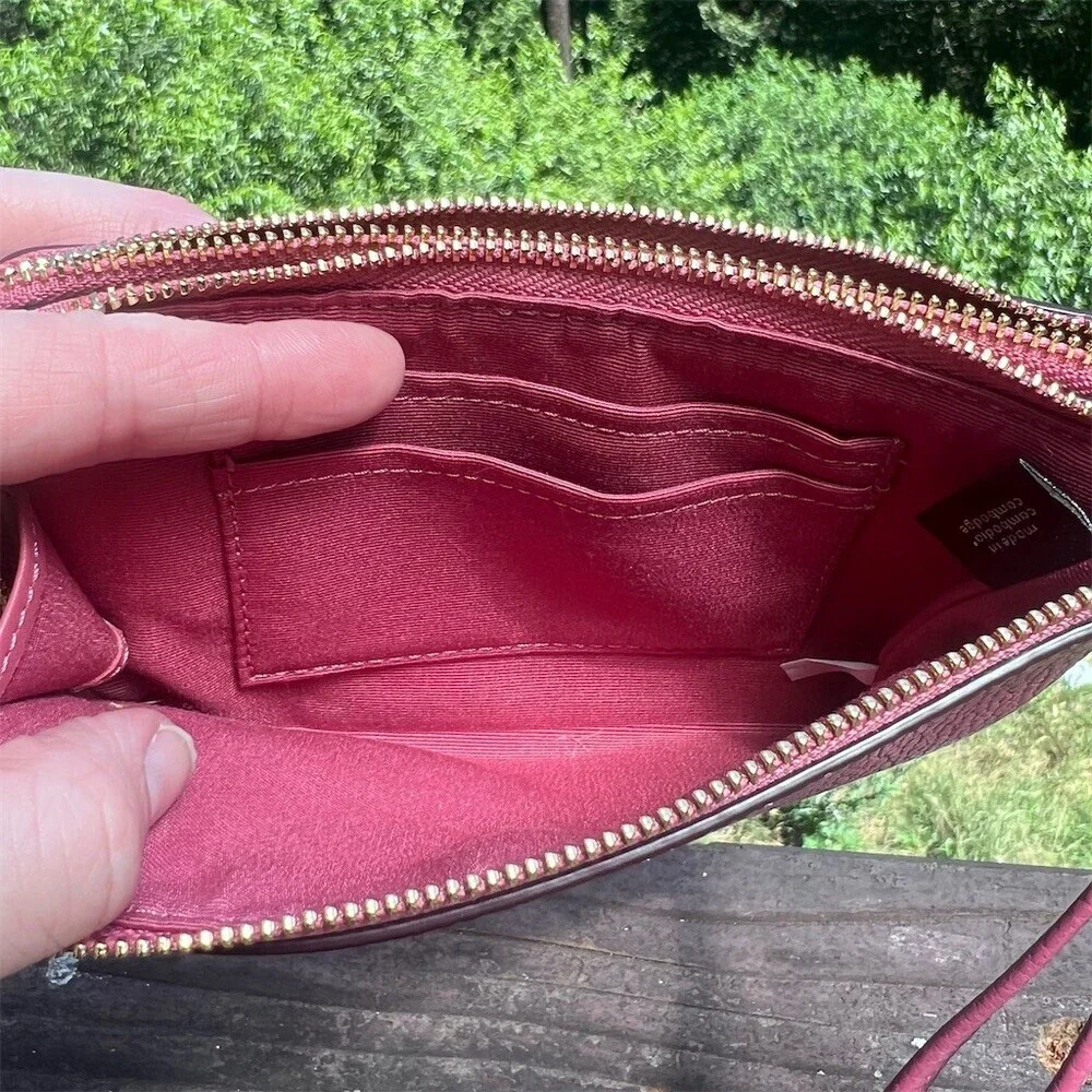 COACH Pebbled Leather Wristlet Double Zip Cardholder Wallet Pink w Gold Hardware